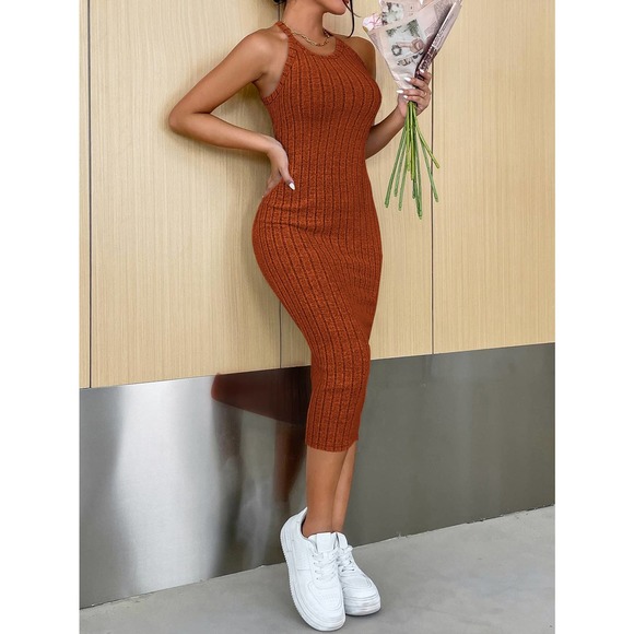 Minimalist Halter ribbed knot Bodycon midi Dress green - Picture 6 of 12